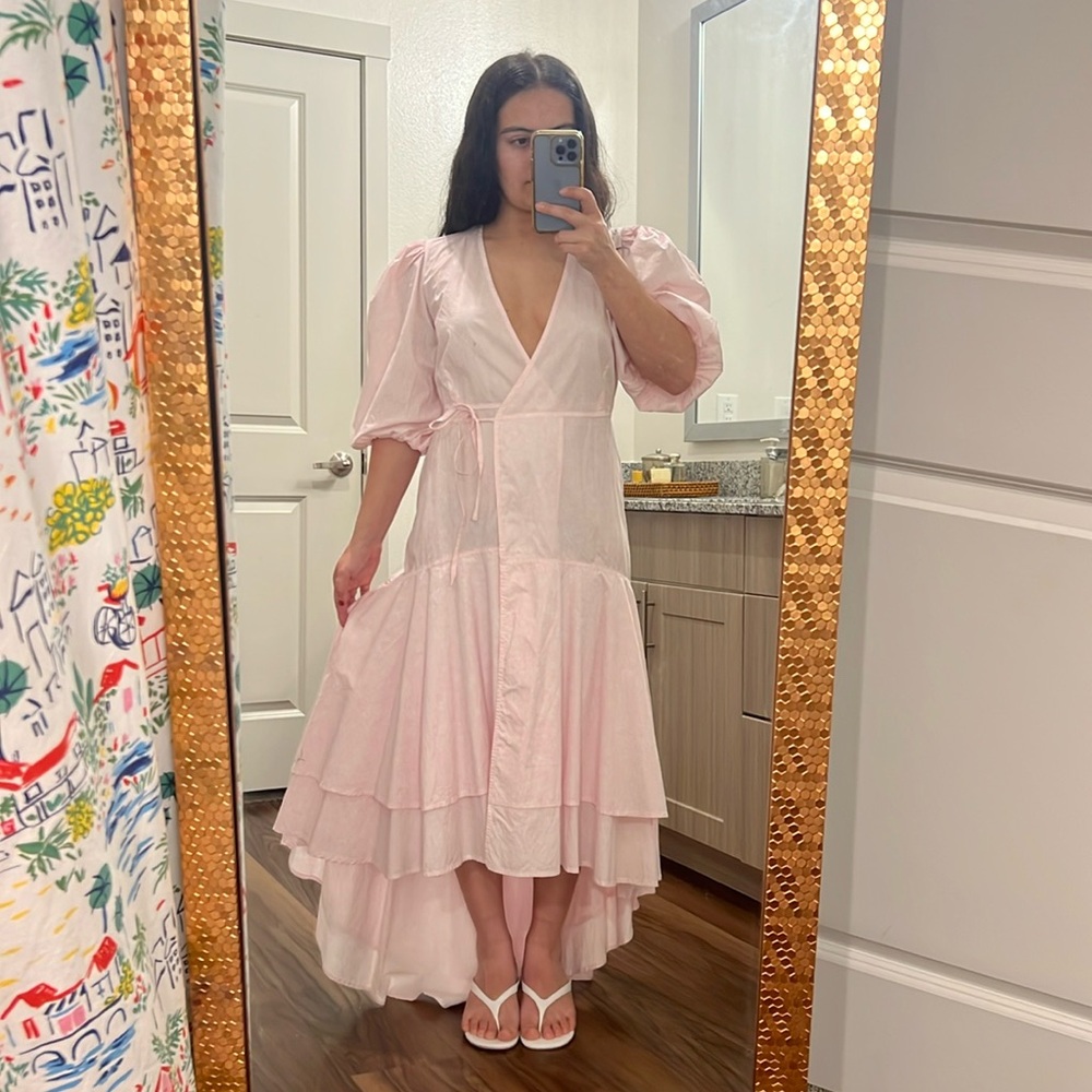 Ganni Puff Sleeve Organic Cotton Wrap Dress in Cherry Blossom - Picture 2 of 10